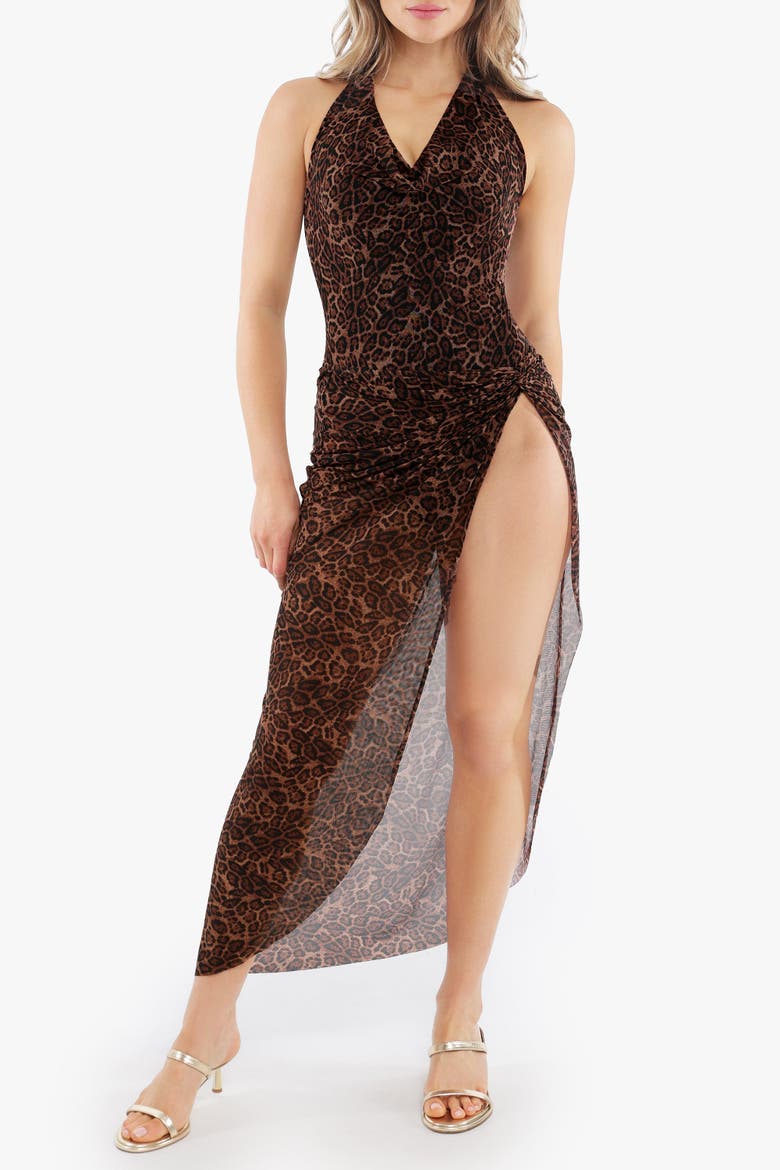 Built-in Cowl Neck Halter Shapewear Bodysuit, Alternate, color, Leopard