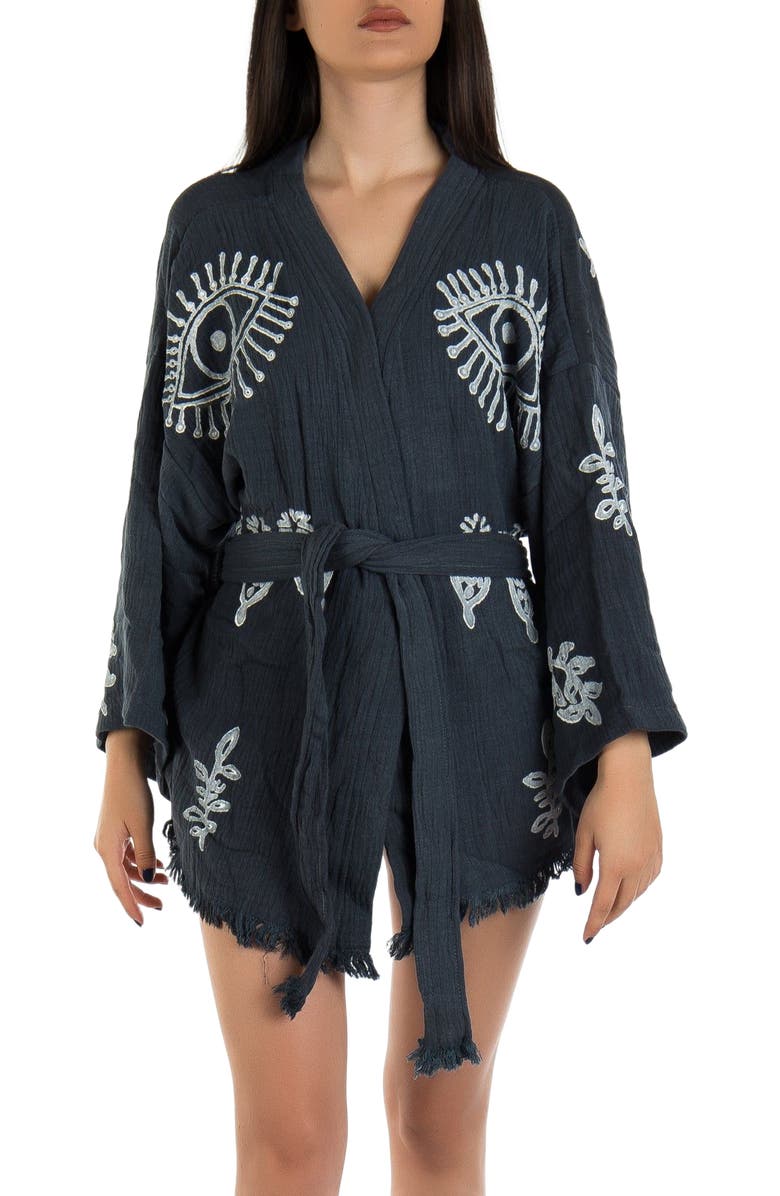 Forever & Always Shoes Sereia Evil Eye Handmade Cotton Short Robe Cover-Up, Alternate, color, Washed Black