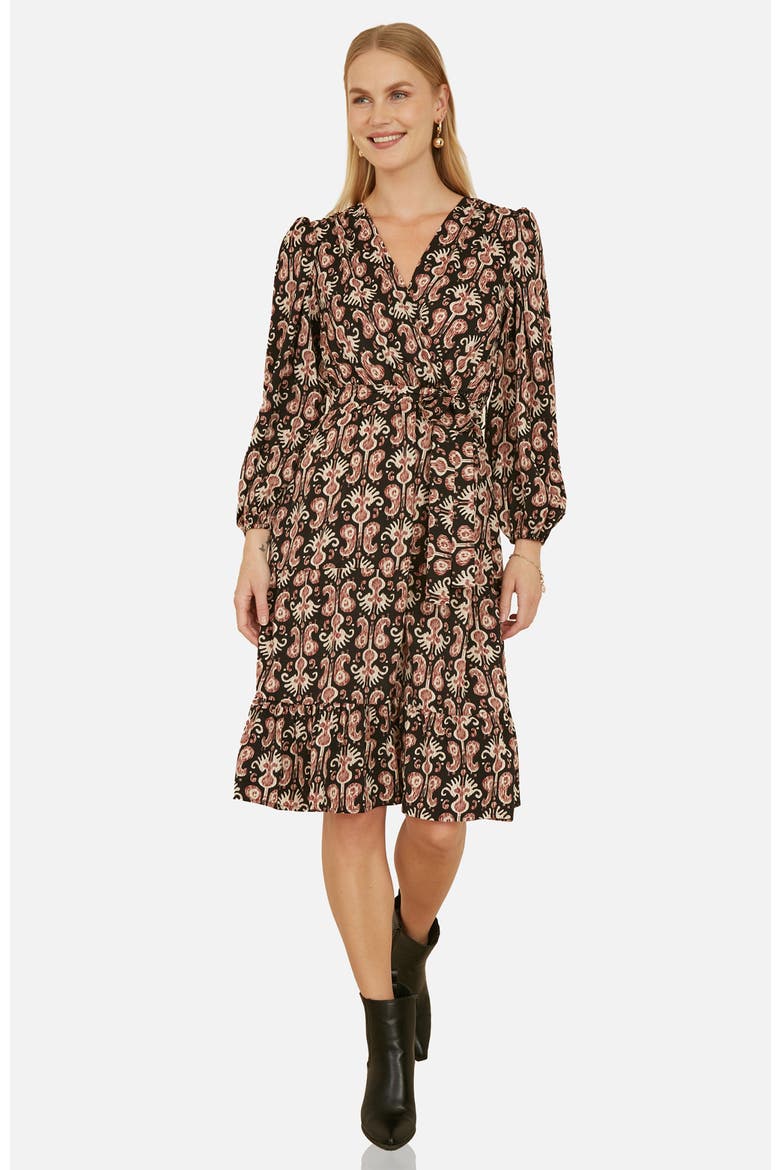Ikat Long Sleeve Skater Midi Dress, Main, color, Black