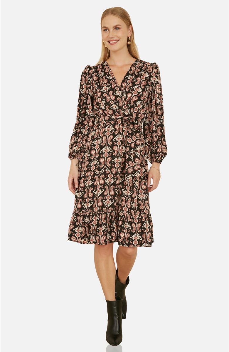 Yumi Ikat Long Sleeve Skater Midi Dress, Main, color, Black