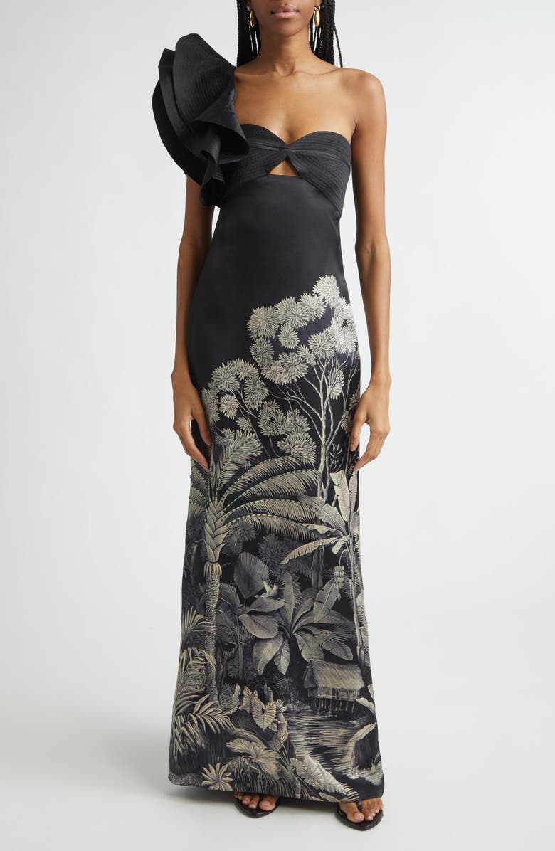 Johanna Ortiz Valley of Kings Silk Organza One-Shoulder Gown, Main, color, Black / Ecru