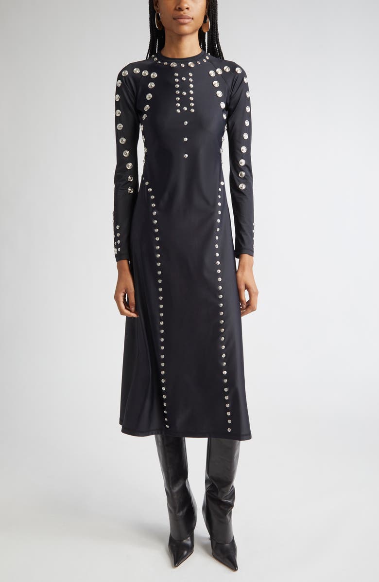 Coperni Snap Detail Long Sleeve Jersey Midi Dress, Main, color, Black