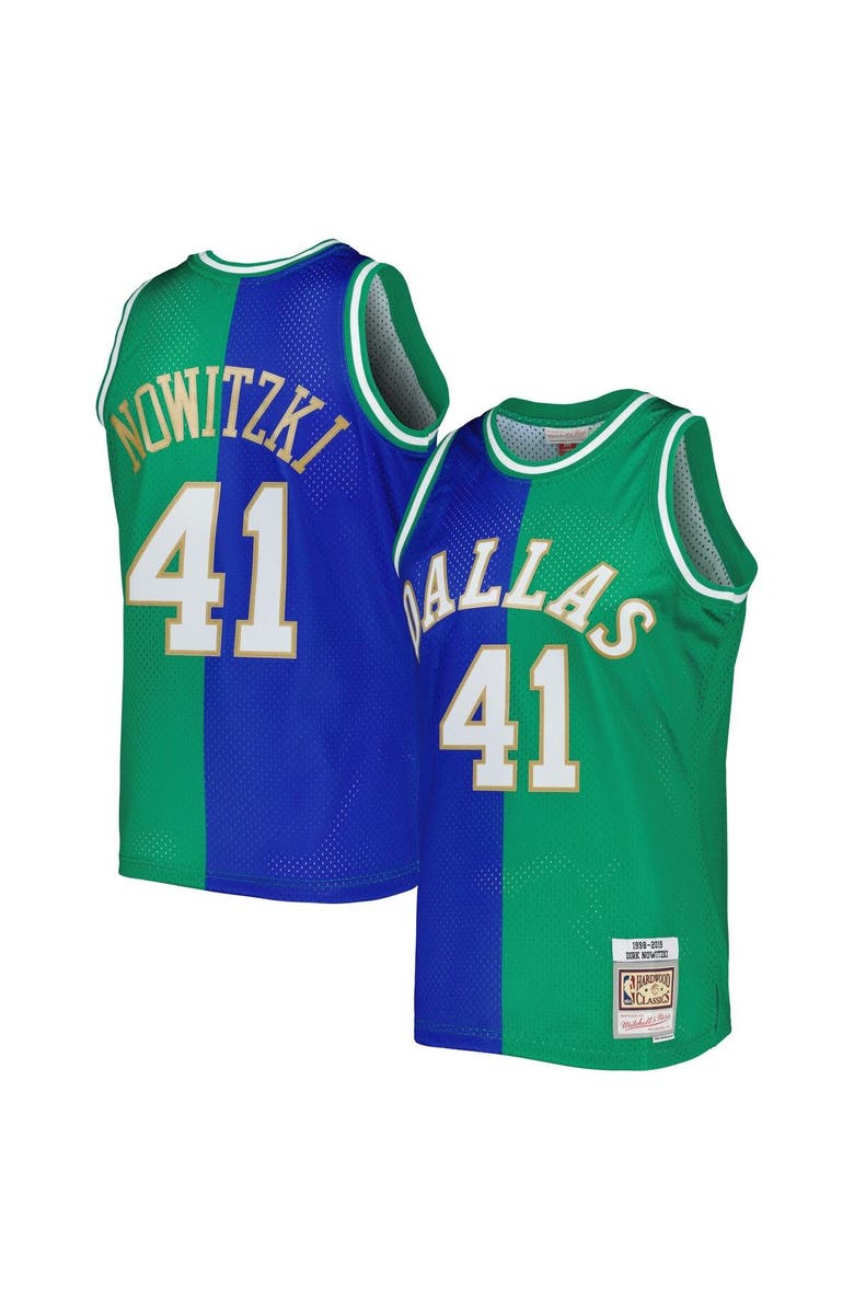 Mitchell & Ness Men's Mitchell & Ness Dirk Nowitzki Blue/Green Dallas Mavericks Hardwood Classics 1998/2019 Split Swingman Jersey, Main, color, 