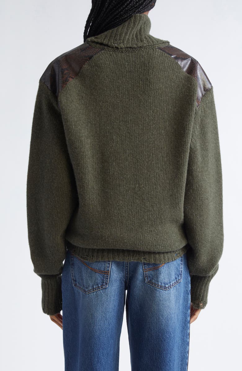 Stella McCartney Snakeskin Embossed Faux Leather & Virgin Wool Sweater, Alternate, color, Dark Khaki