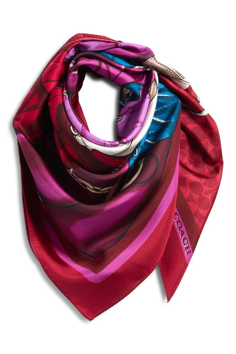 Stacked Tabby Print Silk Square Scarf, Main, color, RED MULTI