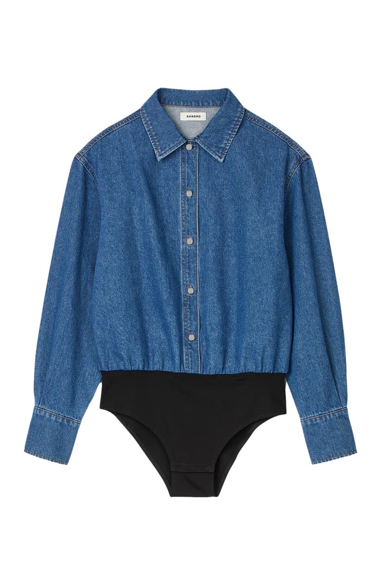 SANDRO Denim shirt bodysuit, Alternate, color, 