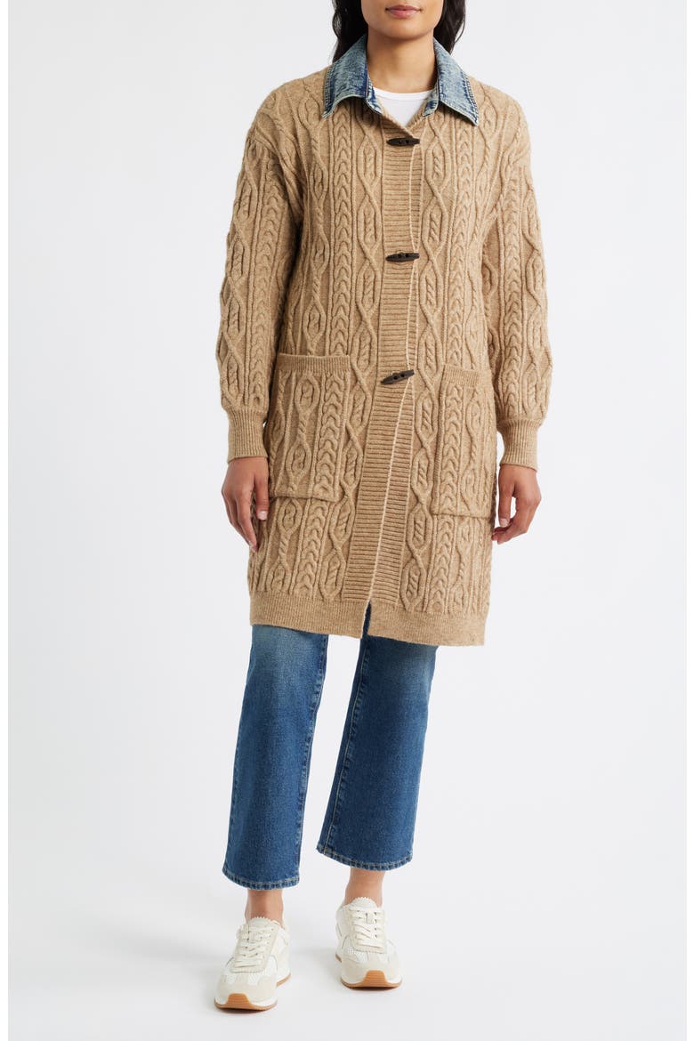 Denim Collar Cable Long Cardigan, Alternate, color, BROWN