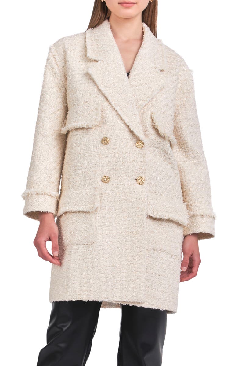 Endless Rose Double Breasted Tweed Coat, Main, color, Cream
