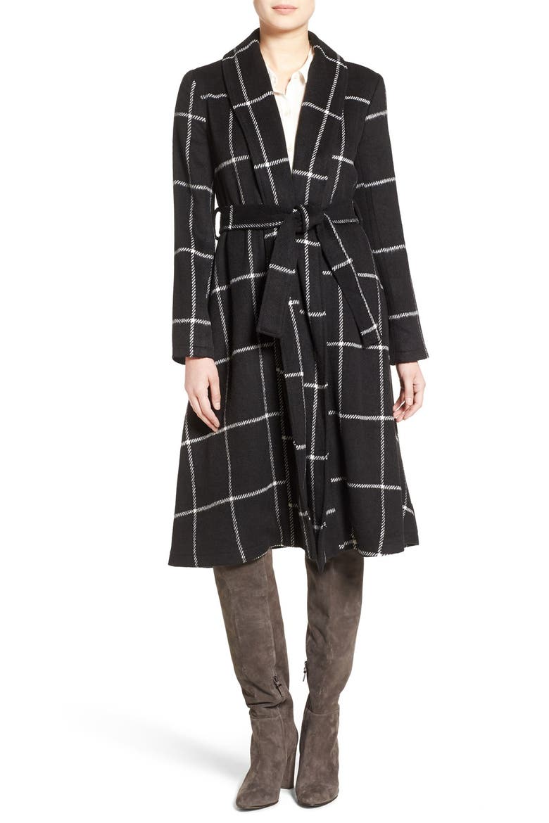 BB Dakota 'Braylee' Windowpane Plaid Midi Coat, Main, color, BLACK