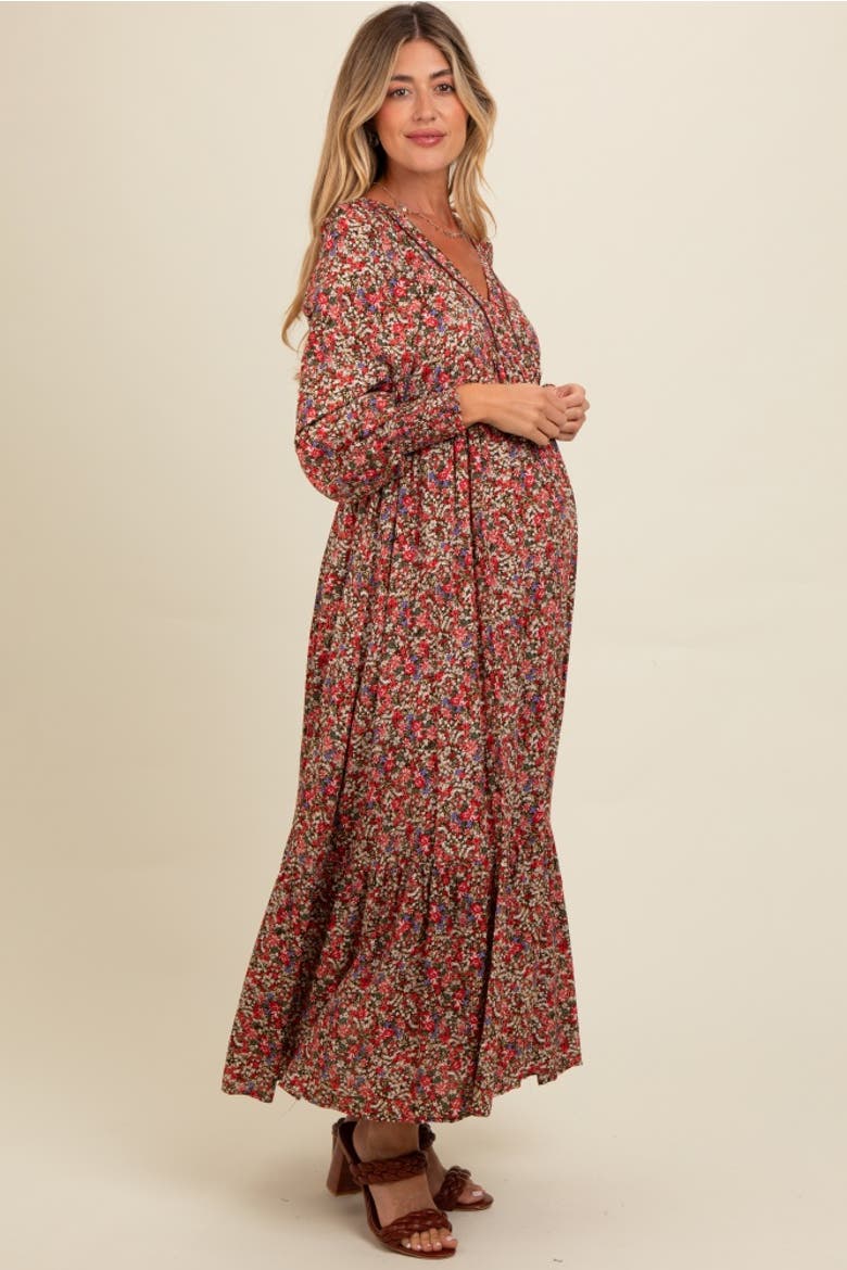 Floral V-Neck Bubble Sleeve Maxi Dress, Alternate, color, Mocha
