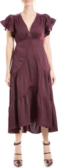 Flutter Sleeve Satin Midi Dress