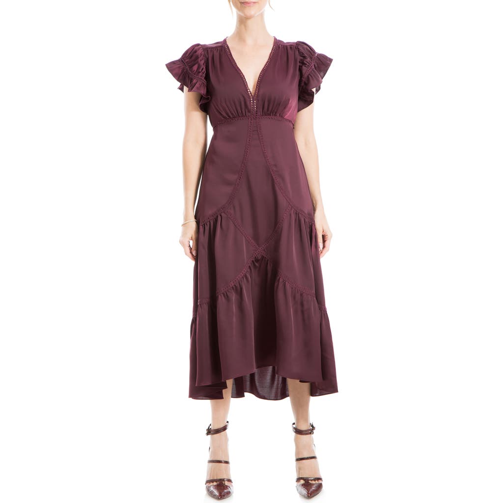 Max Studio Flutter Sleeve Satin Midi Dress In Wine