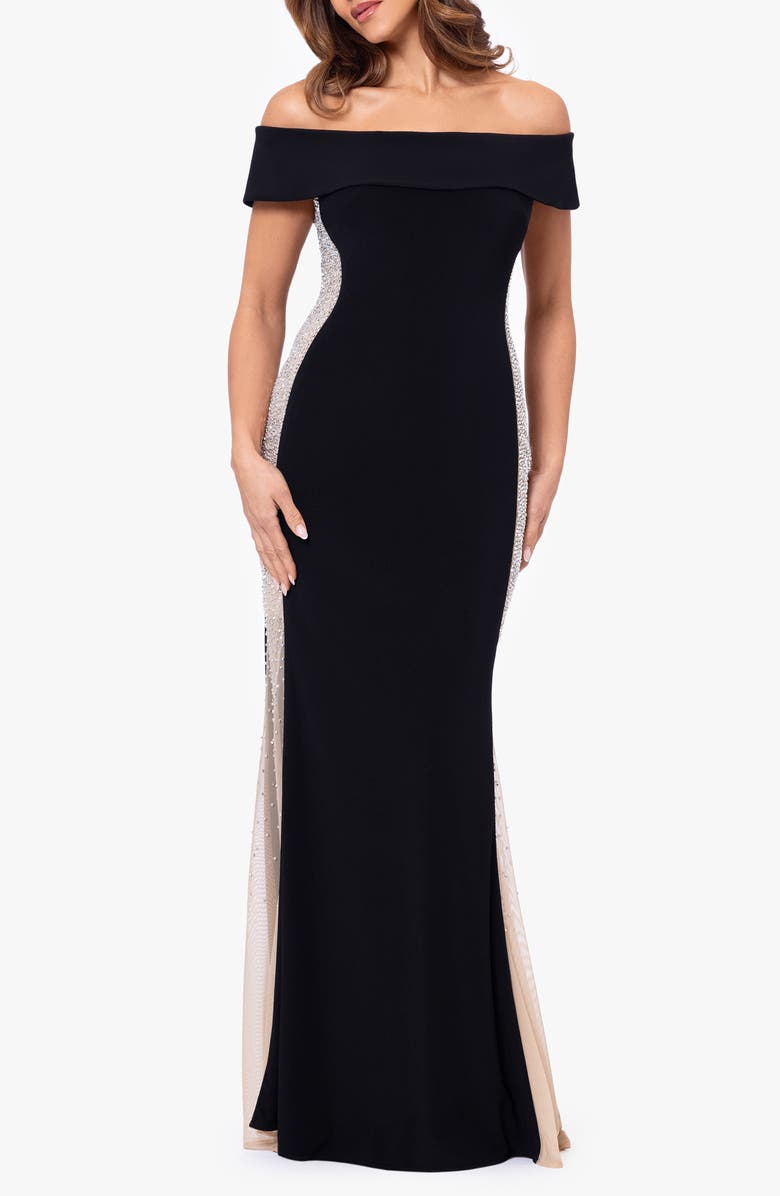Xscape Evenings Caviar Bead Detail Off the Shoulder Gown, Main, color, 