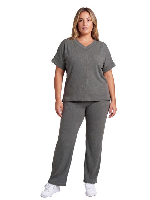 Curvy Basic Ribbed Knit Dolman Sleeve V-Neck Top and Drawstring Wide Leg Pant Set