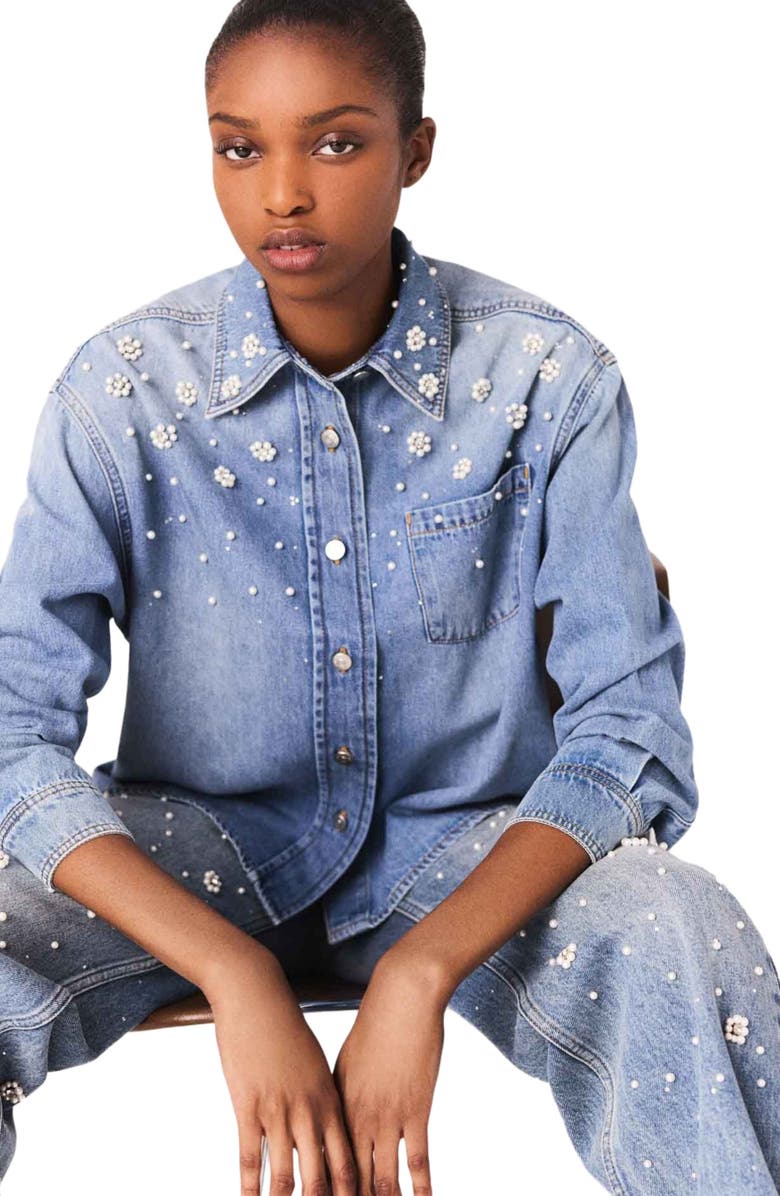maje Denim shirt jacket, Alternate, color, Blue