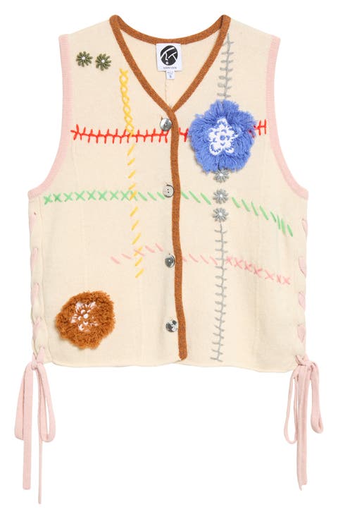Daisy Check Embroidered Lambswool Vest