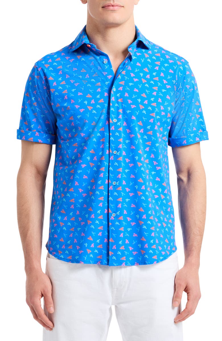 Robert Graham Lobster Roll Knit Short Sleeve Button-Up Shirt, Main, color, Blue