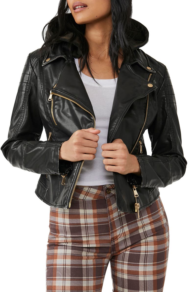 Free People Harriett Hooded Faux Leather Moto Jacket, Main, color, 