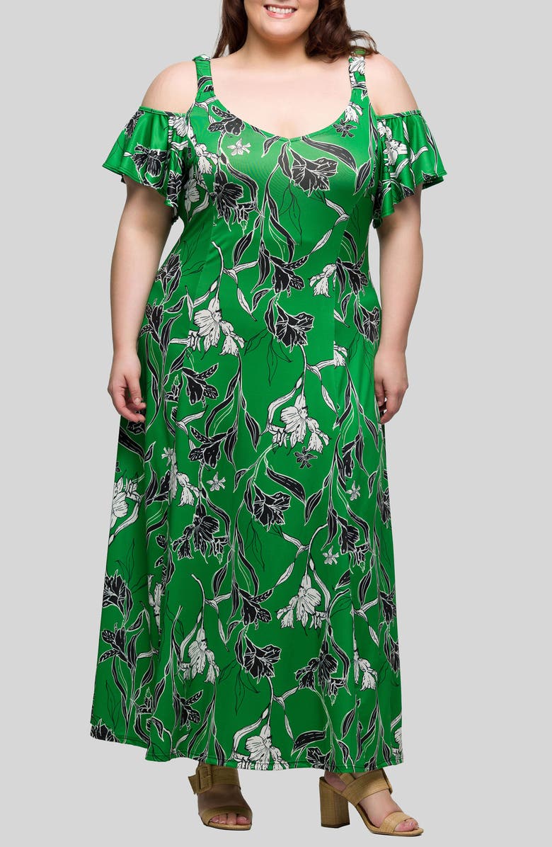 24seven Comfort Apparel Printed Cold Shoulder Jersey Maxi Dress, Main, color, Green Multi