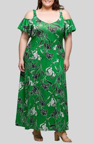 24seven Comfort Apparel Printed Cold Shoulder Jersey Maxi Dress