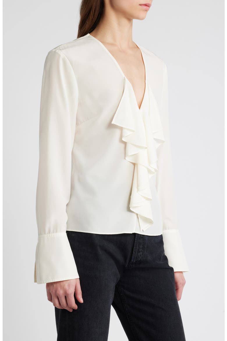 Ruffle Front Long Sleeve Silk Top, Alternate, color, CREAM