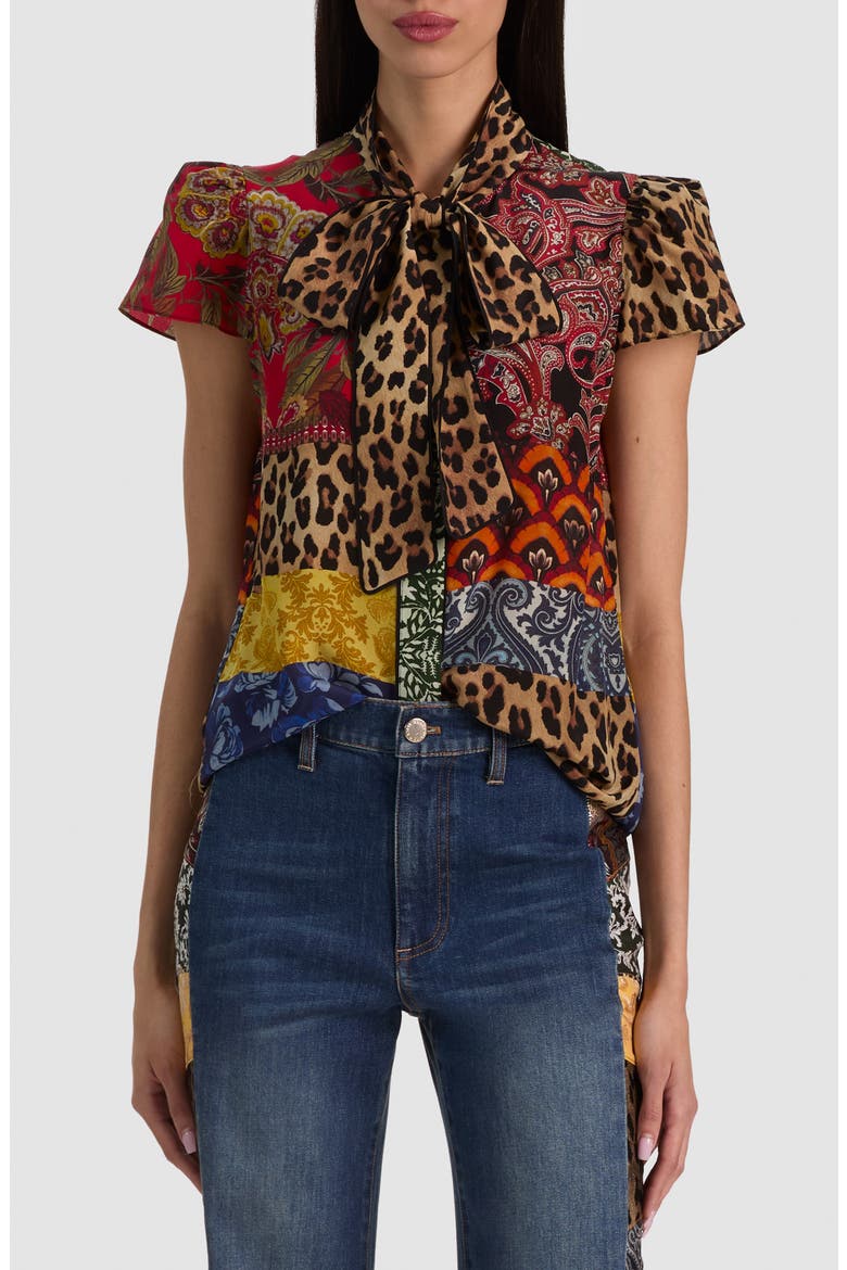 Jeannie Piped Bow Silk Top, Main, color, OFF THE GRID