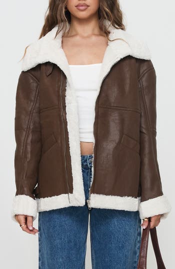 Princess Polly Jadu Faux Shearling Lined Faux Leather Jacket