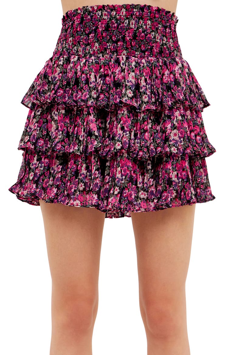 Floral Smocked Waist Ruffle Miniskirt, Alternate, color, BLACK/ FUCHSIA