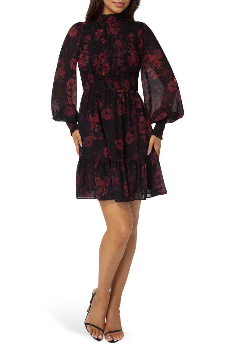 Floral Smocked Long Sleeve Chiffon Minidress, Main, color, DARK RED