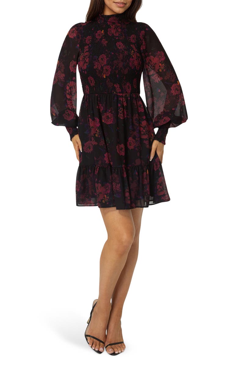 bebe Floral Smocked Long Sleeve Chiffon Minidress, Main, color, Dark Red