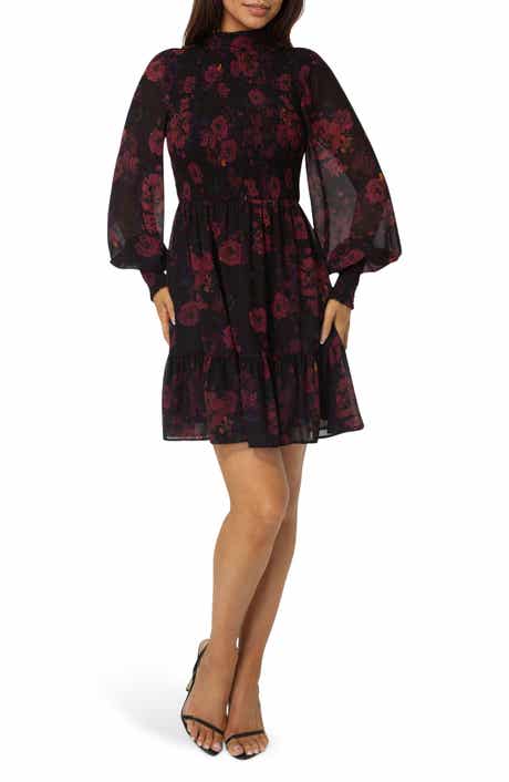 bebe Floral Smocked Long Sleeve Chiffon Minidress