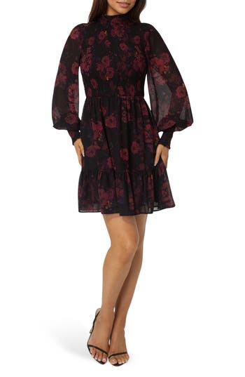 Bebe Floral Smocked Long Sleeve Chiffon Minidress In Multi