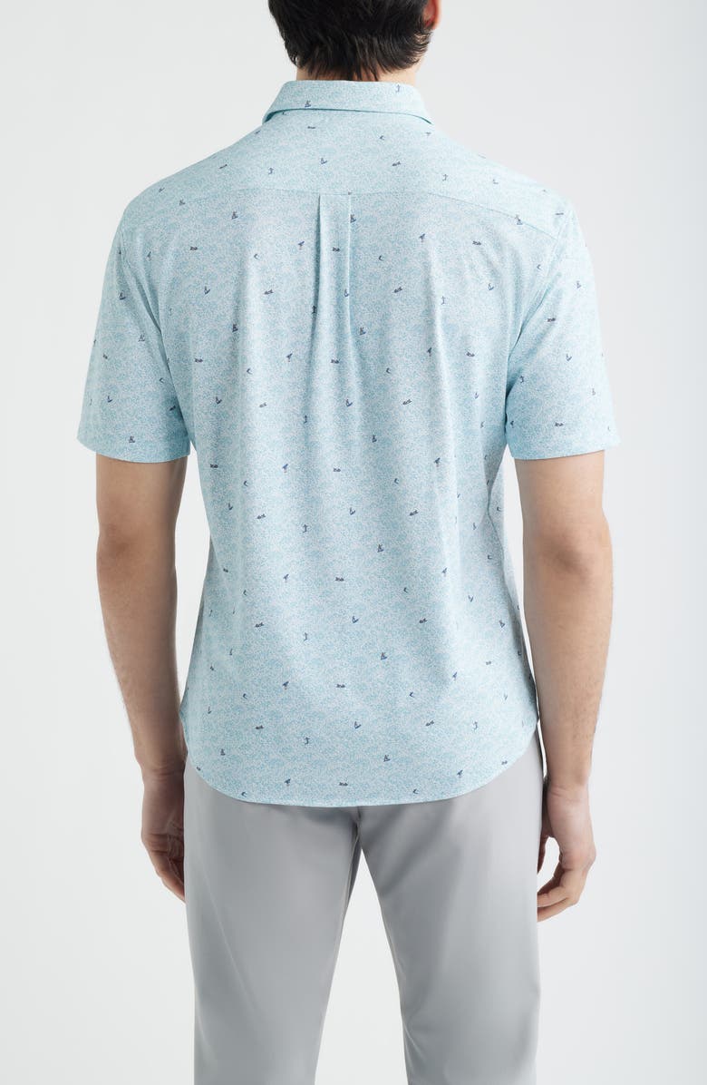 johnnie-O Rowing Hangin’ Out Surfer Print Knit Short Sleeve Button-Up Shirt, Alternate, color, White/Blue Multi