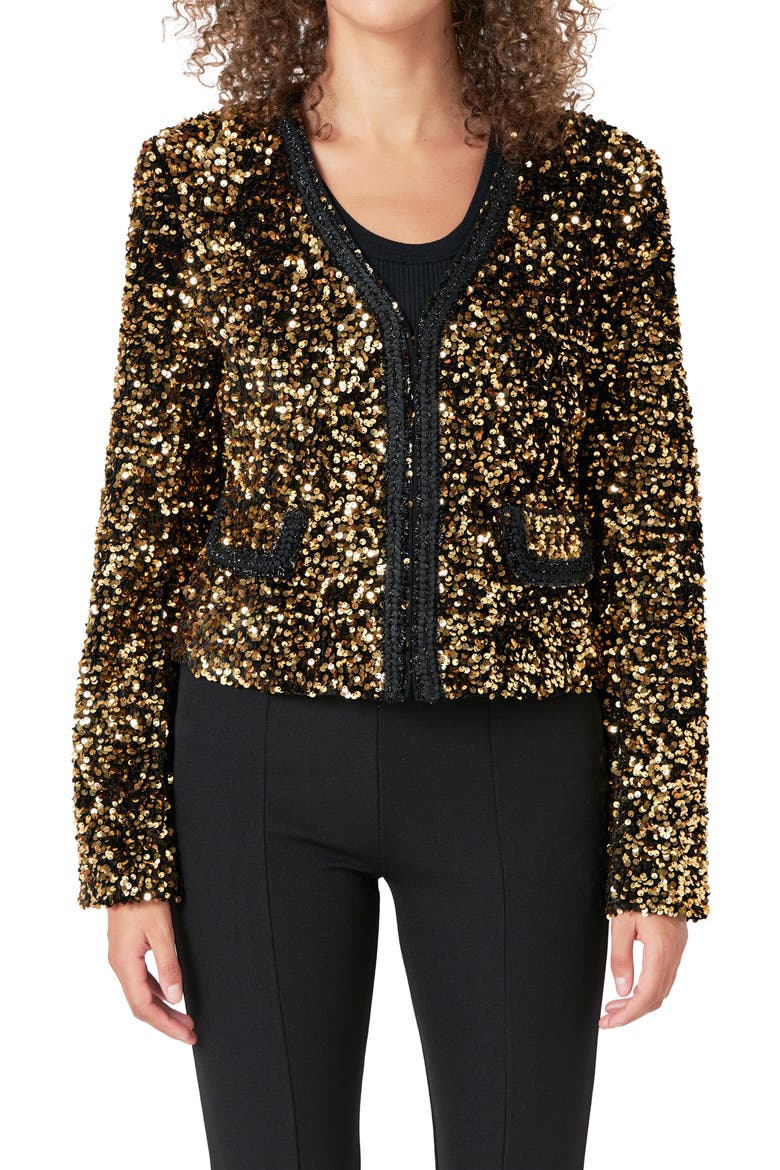 Sequin Padded Shoulder Jacket, Alternate, color, GOLD