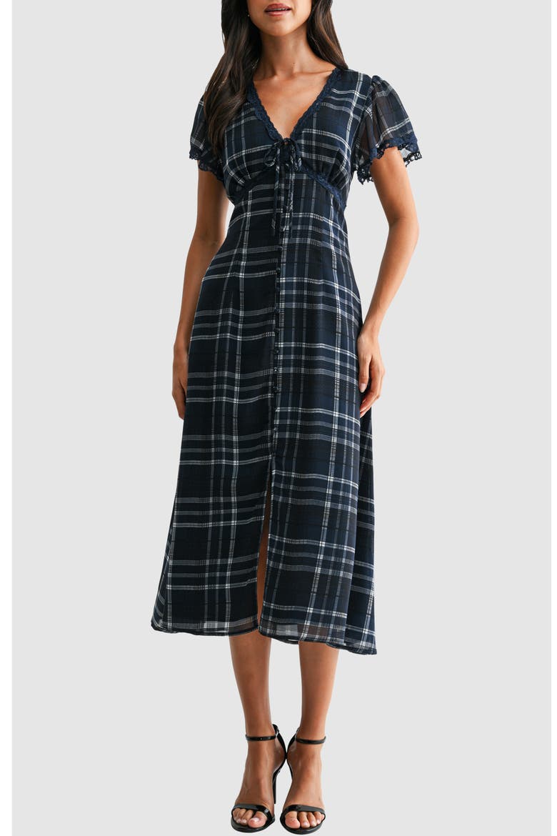 Plaid Flutter Sleeve Fit and Flare Midi Dress, Main, color, NAVY IVORY PLAID