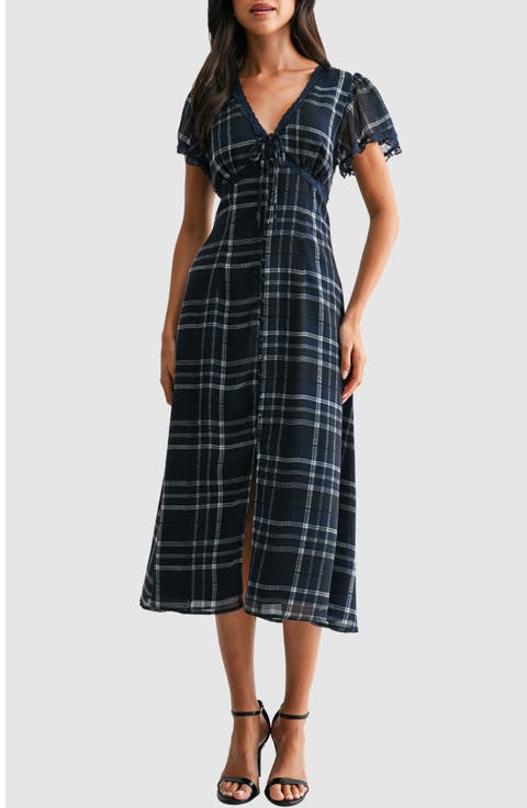 Plaid Flutter Sleeve Fit and Flare Midi Dress