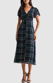 All in Favor Plaid Flutter Sleeve Fit and Flare Midi Dress