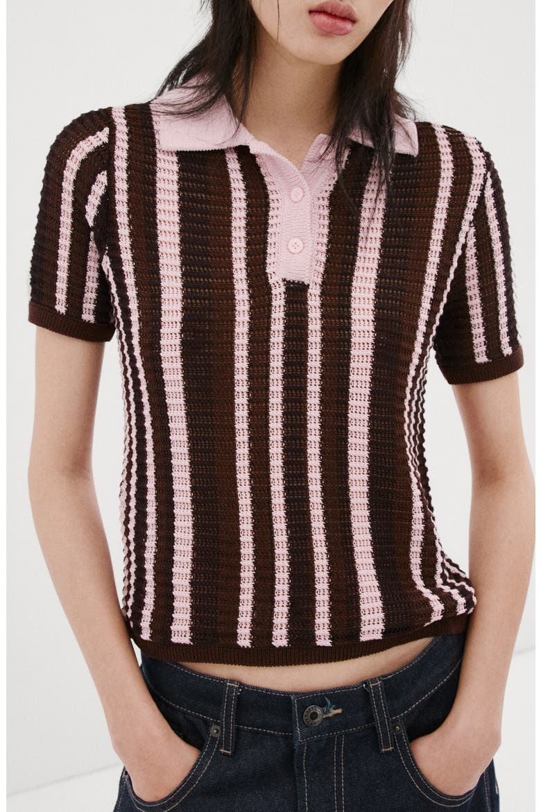 Stripe Short Sleeve Polo Sweater, Main, color, CHOCOLATE