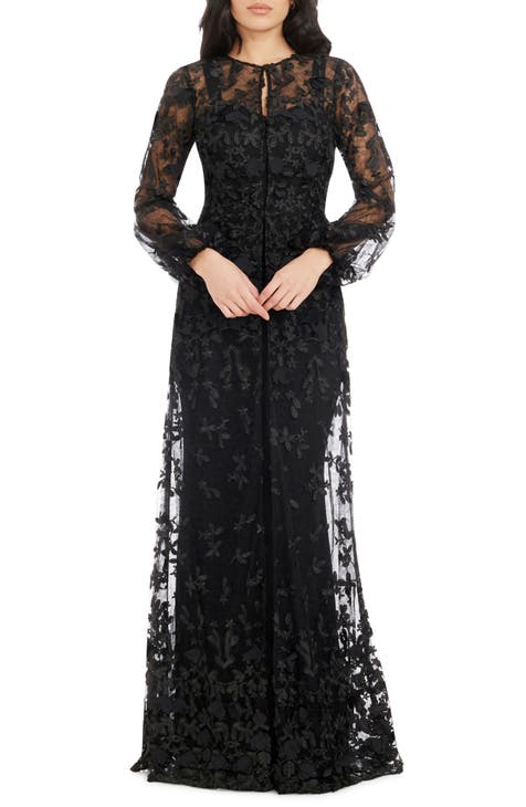 DRESS THE POPULATION Black Gown Size hotsell S Black Lace Embroidery Accents Long