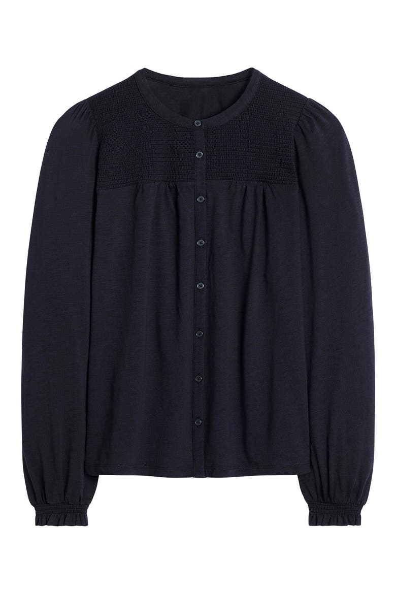 Elsa Smocked Yoke Knit Button-Up Shirt, Main, color, NAVY