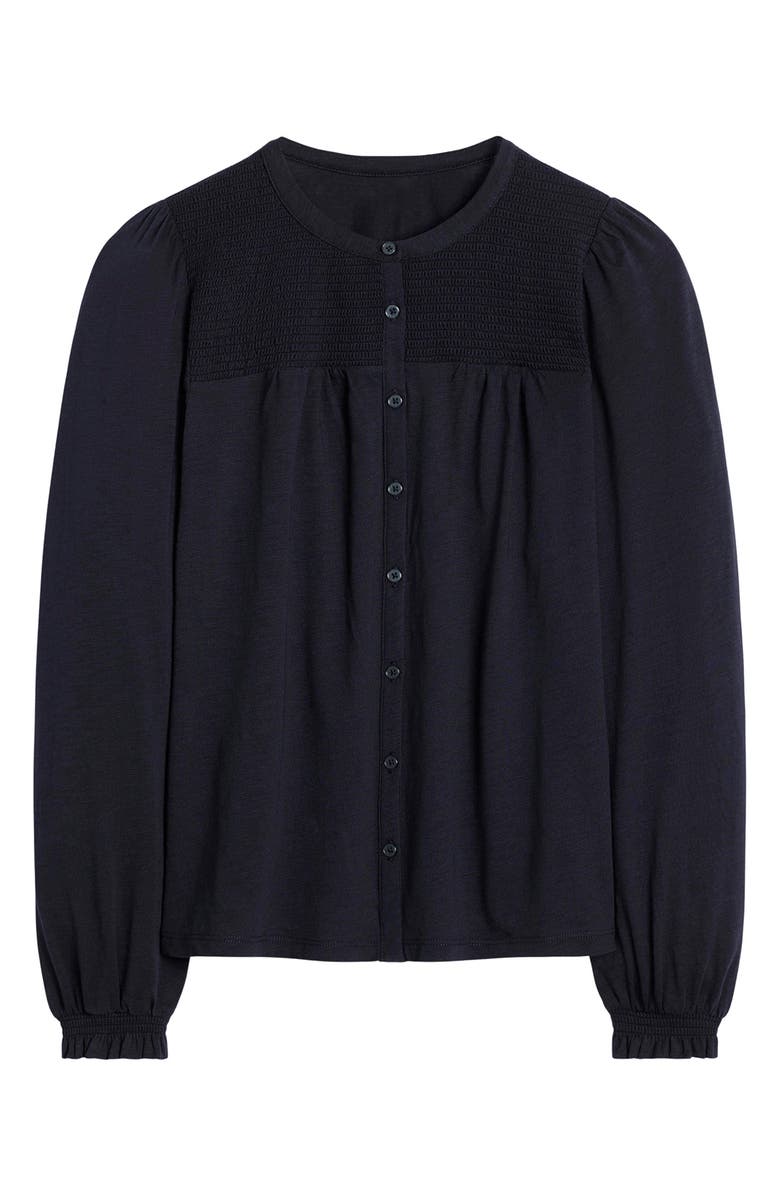 Boden Elsa Smocked Yoke Knit Button-Up Shirt, Main, color, Navy