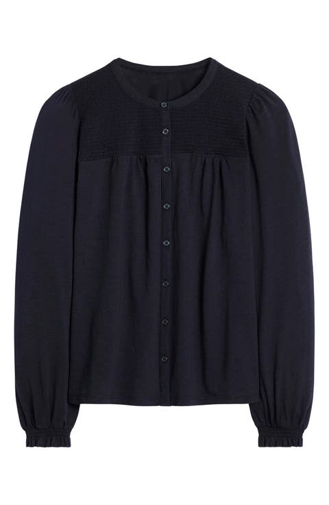 Elsa Smocked Yoke Knit Button-Up Shirt