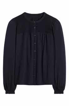 Elsa Smocked Yoke Knit Button-Up Shirt