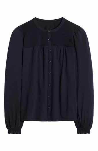 Elsa Smocked Yoke Knit Button-Up Shirt