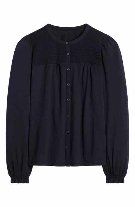 Elsa Smocked Yoke Knit Button-Up Shirt