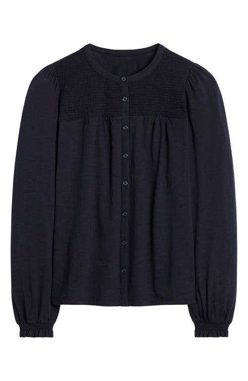 Boden Elsa Smocked Yoke Knit Button-up Shirt In Blue