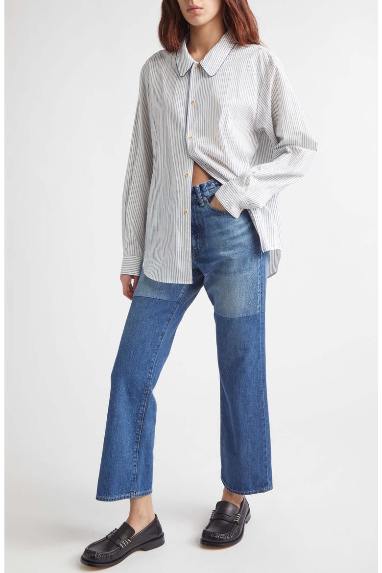 Quiet Stripe Piped Cotton Button-Up Shirt, Alternate, color, WHITE