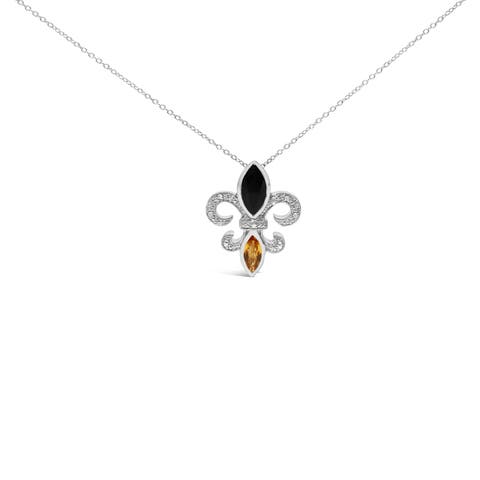 Silver Marquise Onyx, Citrine, and Diamond Accent Fleur De Lis Pendant Necklace