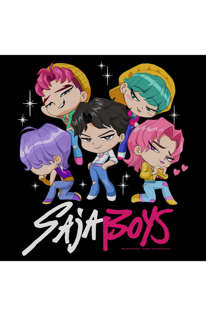 KPop Demon Hunters Men's KPop Demon Hunters Saja Boys Chibi Group  Pull Over Hoodie, Alternate, color, Black