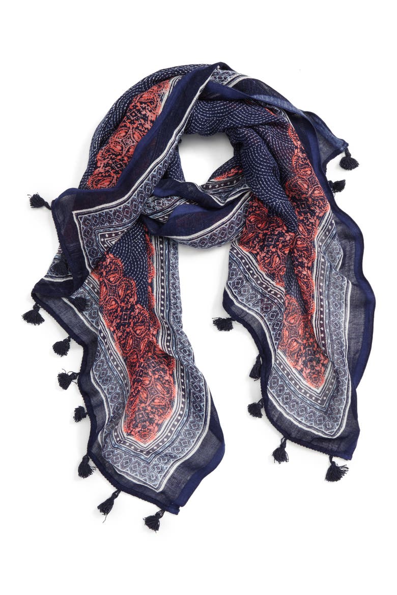 Framed Waves Tassel Scarf, Main, color, NAVY- COMBO